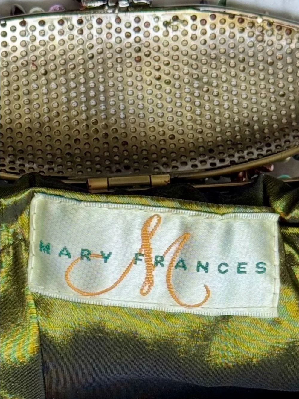 Vintage Mary Frances Beaded Green Embellished Evening Clutch with Chain